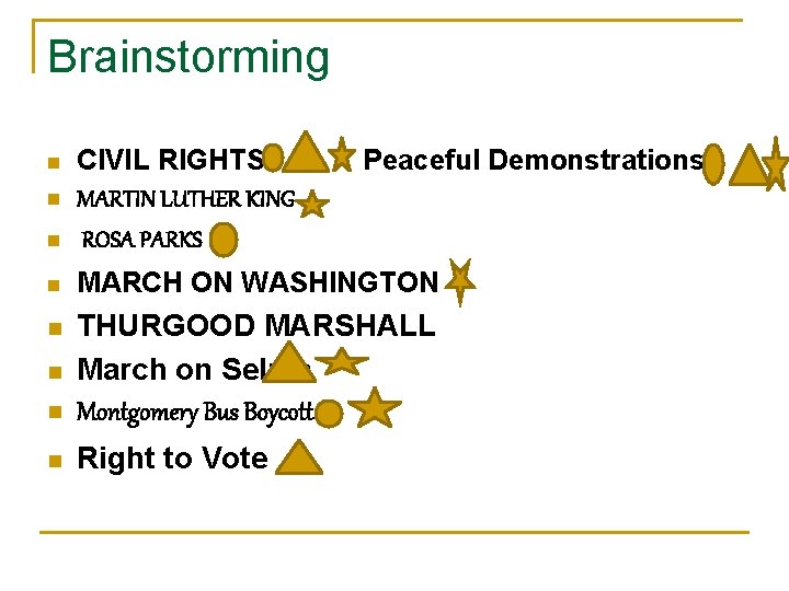 Brainstorming n CIVIL RIGHTS MARTIN LUTHER KING ROSA PARKS n MARCH ON WASHINGTON n