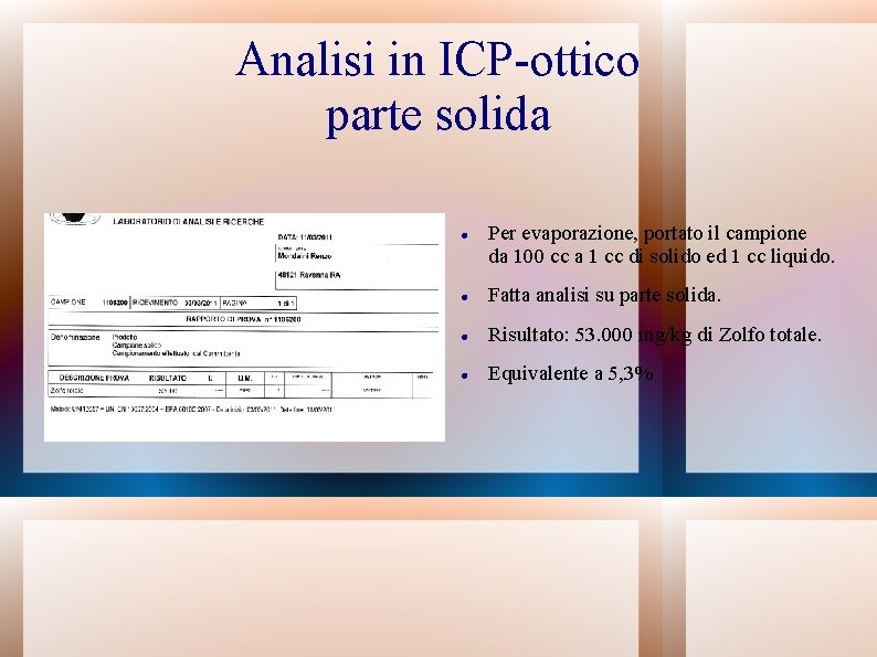 Analisi in ICP-ottico parte solida Per evaporazione, portato il campione da 100 cc a