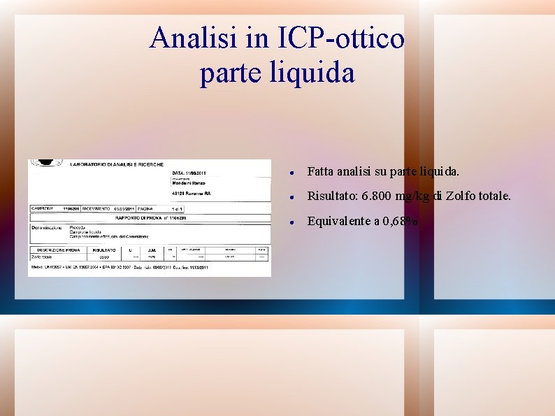Analisi in ICP-ottico parte liquida Fatta analisi su parte liquida. Risultato: 6. 800 mg/kg