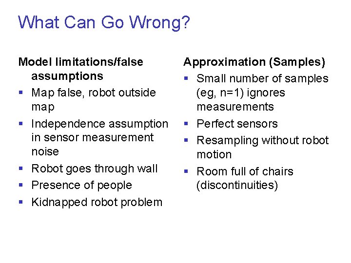 What Can Go Wrong? Model limitations/false assumptions § Map false, robot outside map §