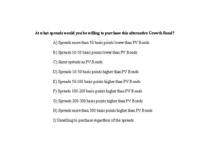 At what spreads would you be willing to purchase this alternative Growth Bond? A)