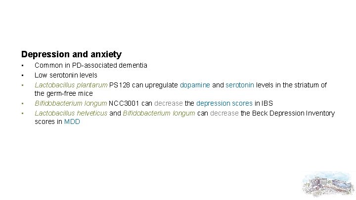Depression and anxiety • • • Common in PD-associated dementia Low serotonin levels Lactobacillus