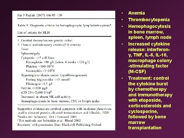  • • • Anemia Thrombocytopenia Hemophagocytosis in bone marrow, spleen, lymph node Increased