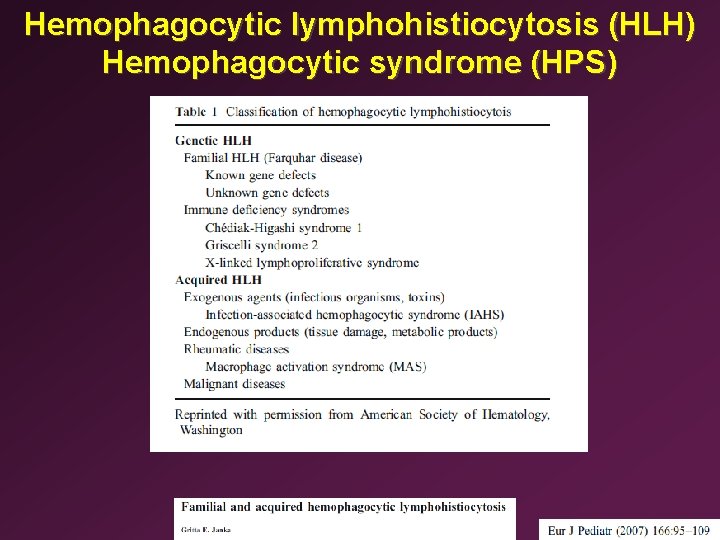 Hemophagocytic lymphohistiocytosis (HLH) Hemophagocytic syndrome (HPS) 