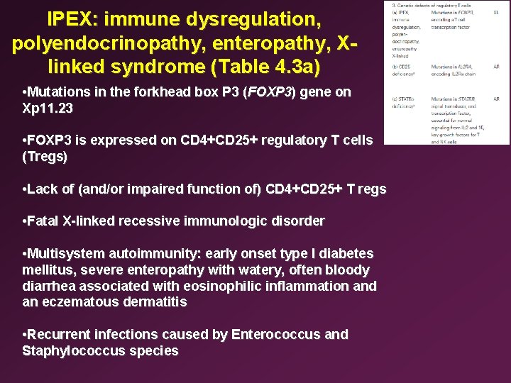 IPEX: immune dysregulation, polyendocrinopathy, enteropathy, Xlinked syndrome (Table 4. 3 a) • Mutations in