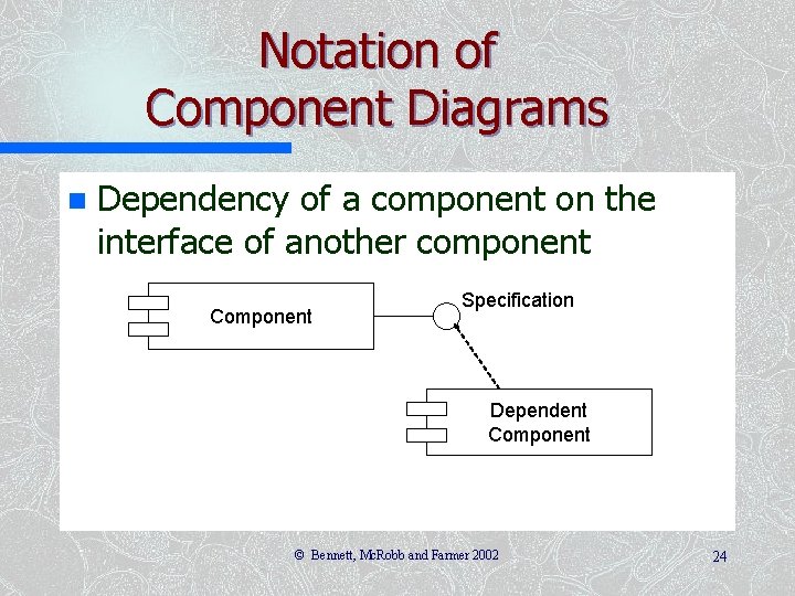 Notation of Component Diagrams n Dependency of a component on the interface of another