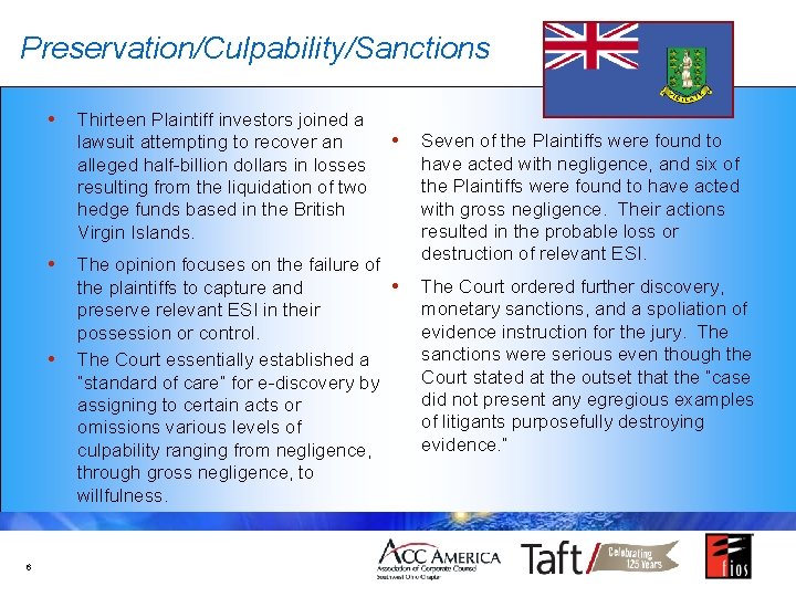 Preservation/Culpability/Sanctions • • • 6 Thirteen Plaintiff investors joined a lawsuit attempting to recover