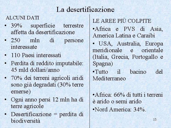 La desertificazione ALCUNI DATI • 39% superficie terrestre affetta da desertificazione • 250 mln