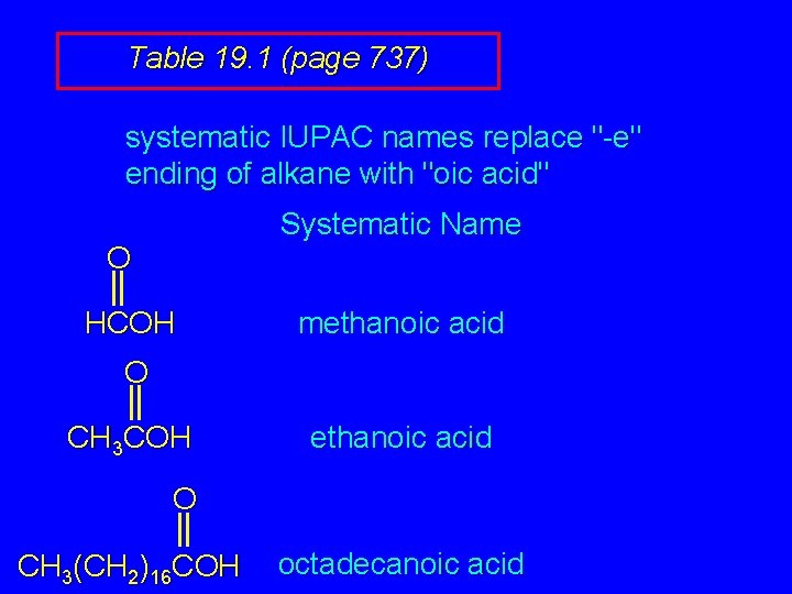 Table 19. 1 (page 737) systematic IUPAC names replace "-e" ending of alkane with