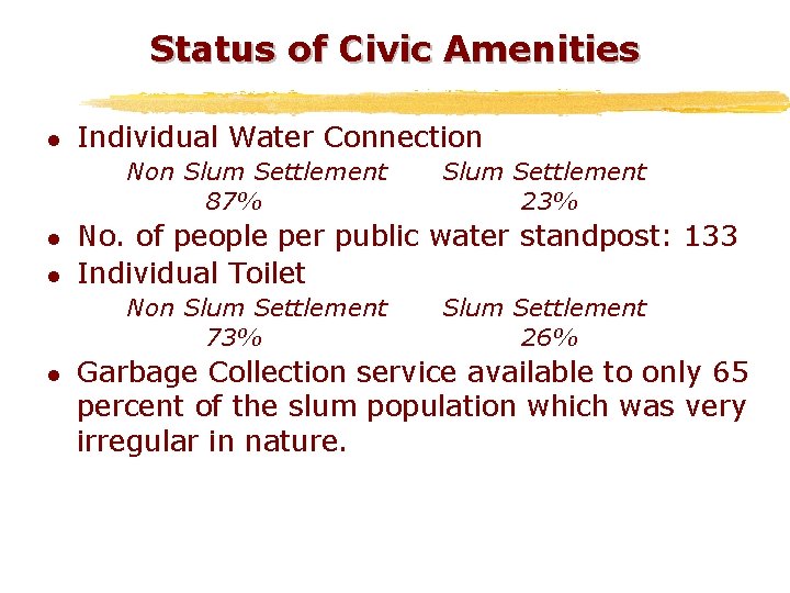 Status of Civic Amenities l Individual Water Connection Non Slum Settlement 87% l l