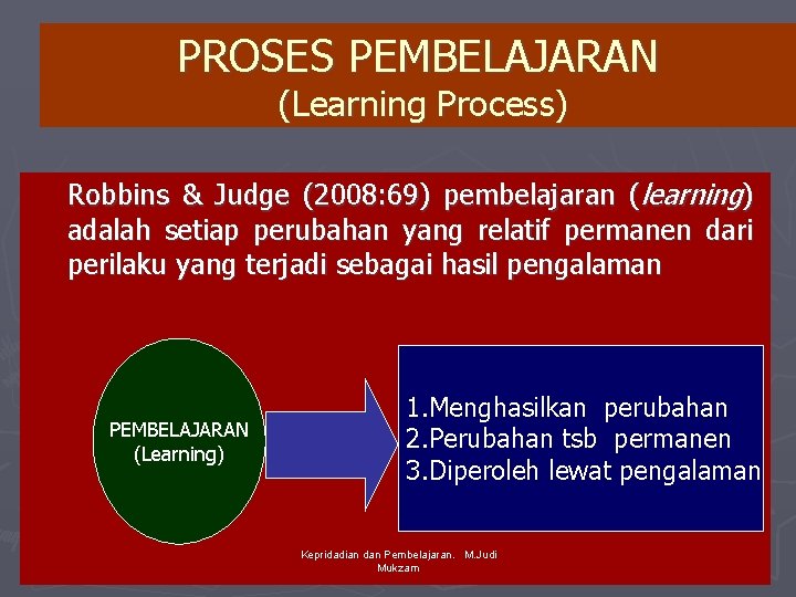 PROSES PEMBELAJARAN (Learning Process) Robbins & Judge (2008: 69) pembelajaran (learning) adalah setiap perubahan