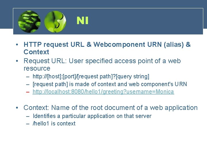 NI • HTTP request URL & Webcomponent URN (alias) & Context • Request URL: