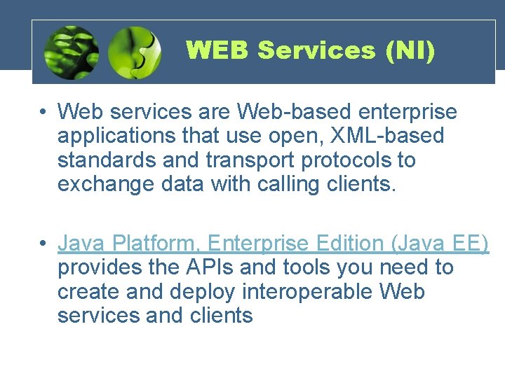 WEB Services (NI) • Web services are Web-based enterprise applications that use open, XML-based