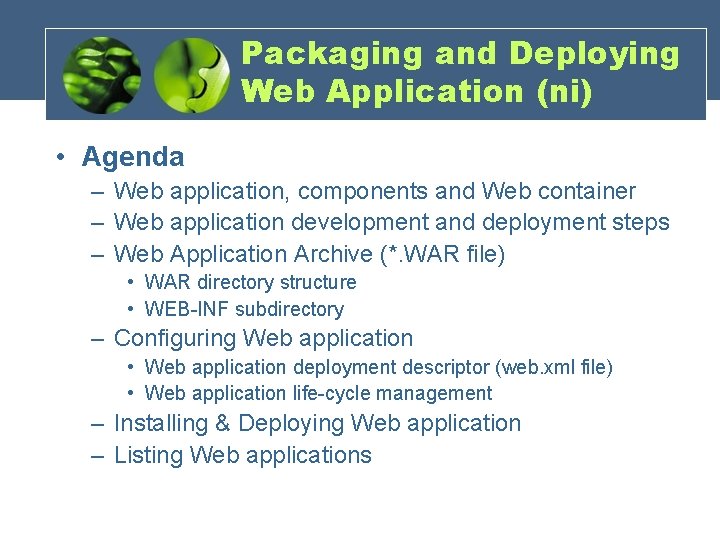 Packaging and Deploying Web Application (ni) • Agenda – Web application, components and Web