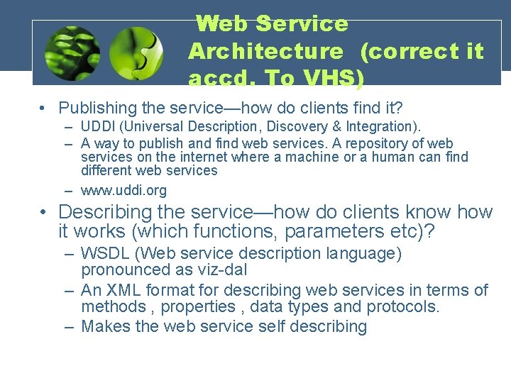 Web Service Architecture (correct it accd. To VHS) • Publishing the service—how do clients