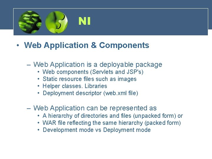NI • Web Application & Components – Web Application is a deployable package •