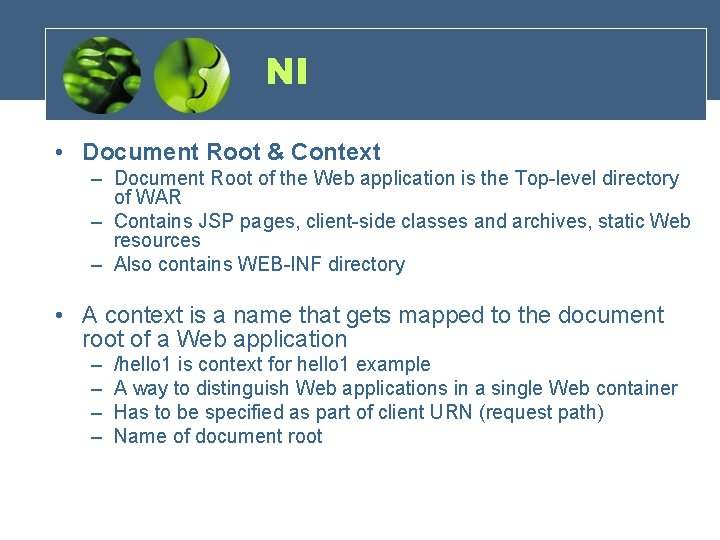 NI • Document Root & Context – Document Root of the Web application is