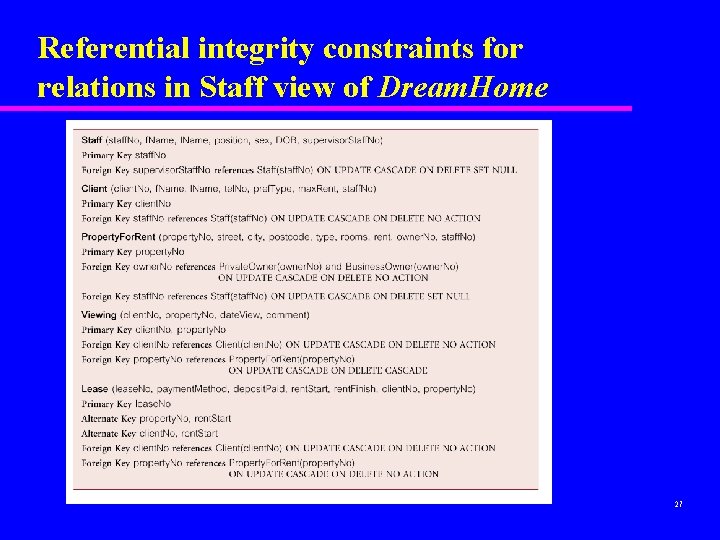 Referential integrity constraints for relations in Staff view of Dream. Home 27 Referential integrity constraints for relations in Staff view of Dream. Home 27