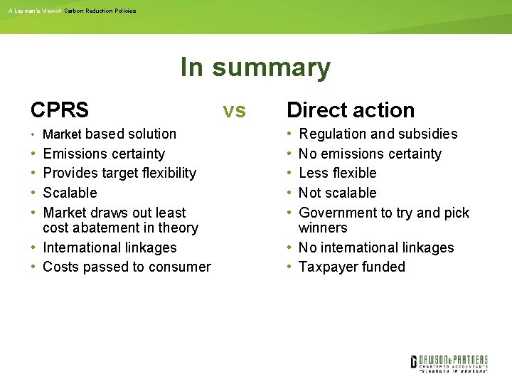 A Layman’s View of Carbon Reduction Policies In summary CPRS • Market based solution