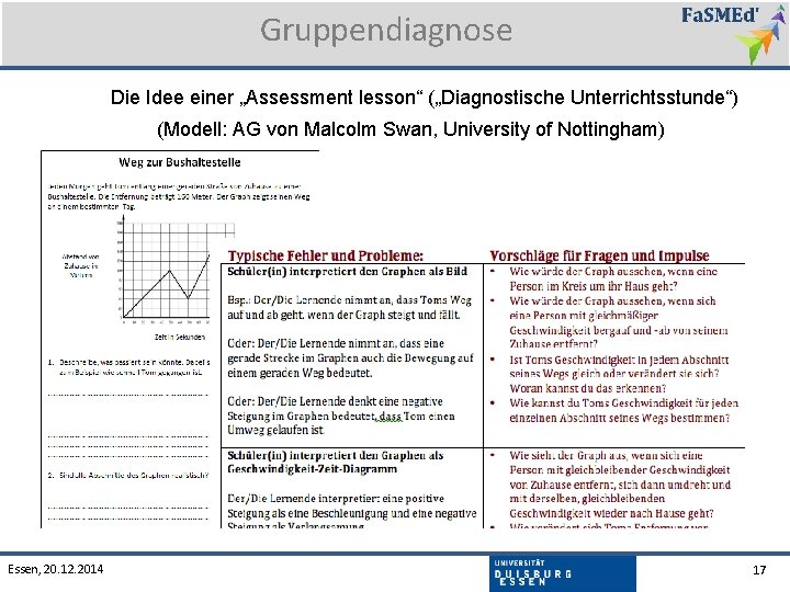 Gruppendiagnose Die Idee einer „Assessment lesson“ („Diagnostische Unterrichtsstunde“) (Modell: AG von Malcolm Swan, University