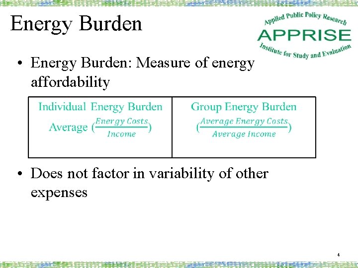 Energy Burden • Energy Burden: Measure of energy affordability • Does not factor in