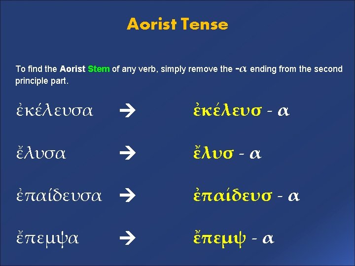 Aorist Tense To find the Aorist Stem of any verb, simply remove the -α