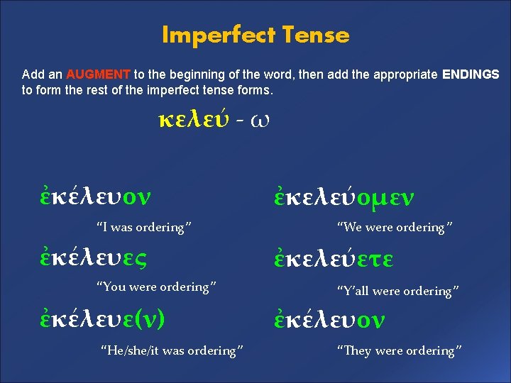 Imperfect Tense Add an AUGMENT to the beginning of the word, then add the