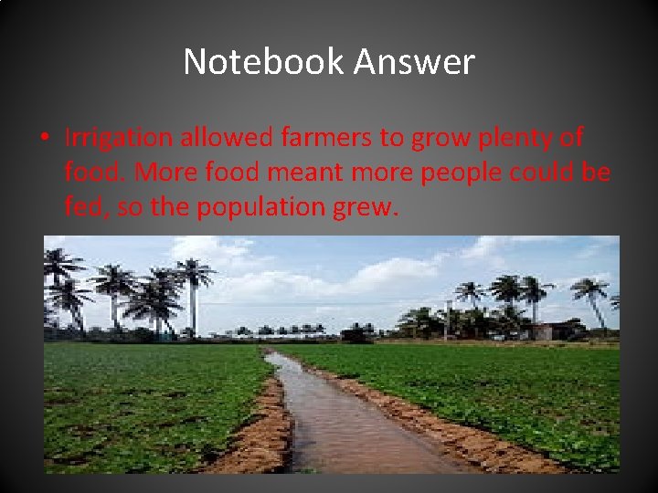 Notebook Answer • Irrigation allowed farmers to grow plenty of food. More food meant