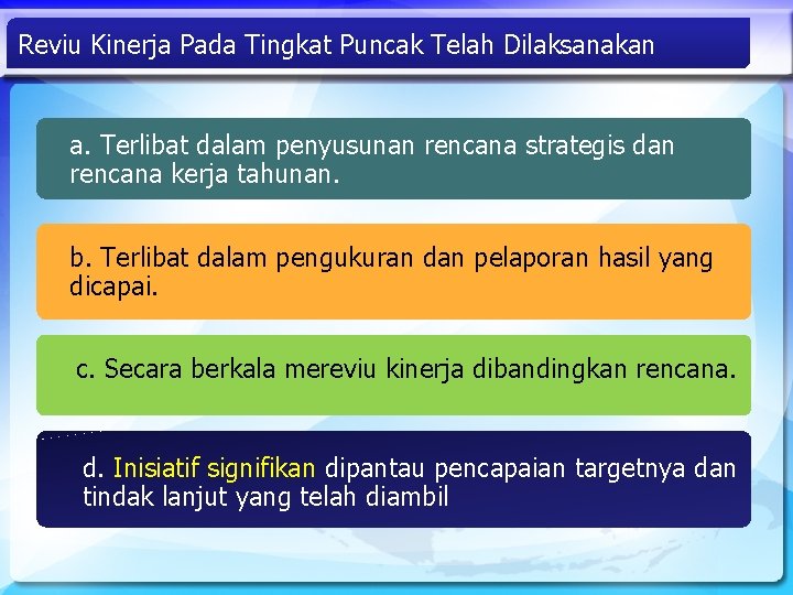 Reviu Kinerja Pada Tingkat Puncak Telah Dilaksanakan a. Terlibat dalam penyusunan rencana strategis dan