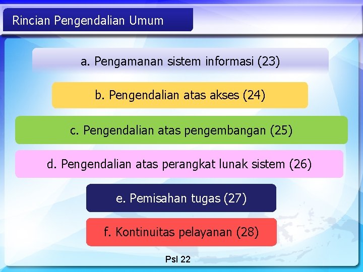 Rincian Pengendalian Umum a. Pengamanan sistem informasi (23) b. Pengendalian atas akses (24) c.