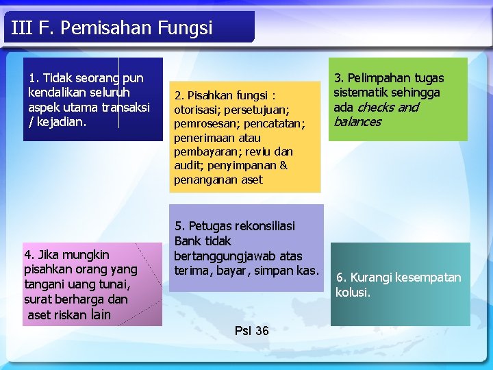 III F. Pemisahan Fungsi 1. Tidak seorang pun kendalikan seluruh aspek utama transaksi /