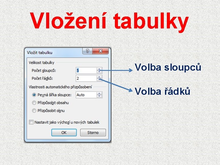 Vložení tabulky Volba sloupců Volba řádků 