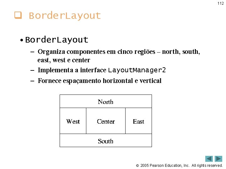 112 q Border. Layout • Border. Layout – Organiza componentes em cinco regiões –