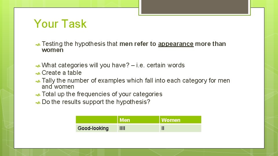 Your Task Testing women the hypothesis that men refer to appearance more than What Your Task Testing women the hypothesis that men refer to appearance more than What