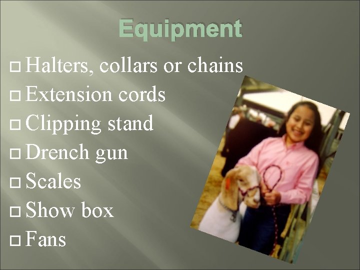 Equipment Halters, collars or chains Extension cords Clipping stand Drench gun Scales Show box