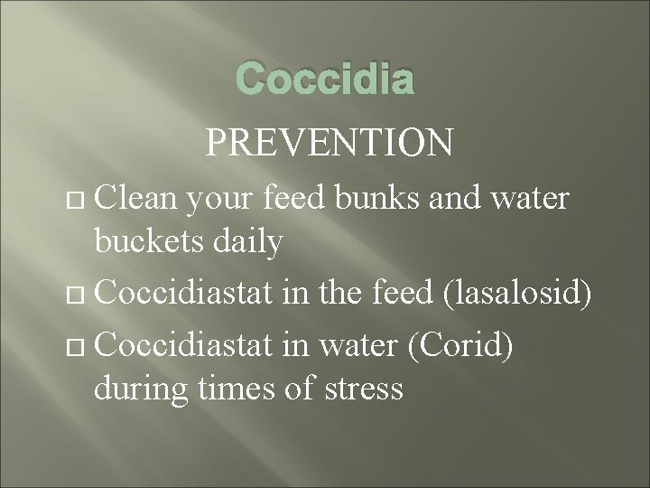 Coccidia PREVENTION Clean your feed bunks and water buckets daily Coccidiastat in the feed