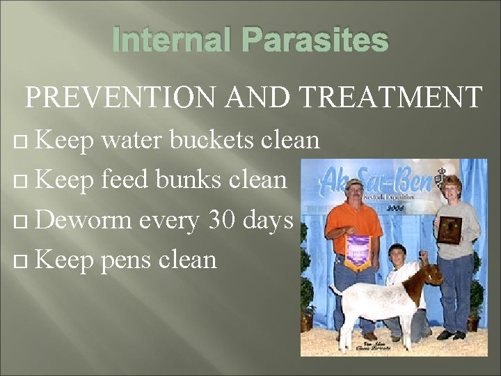 Internal Parasites PREVENTION AND TREATMENT Keep water buckets clean Keep feed bunks clean Deworm