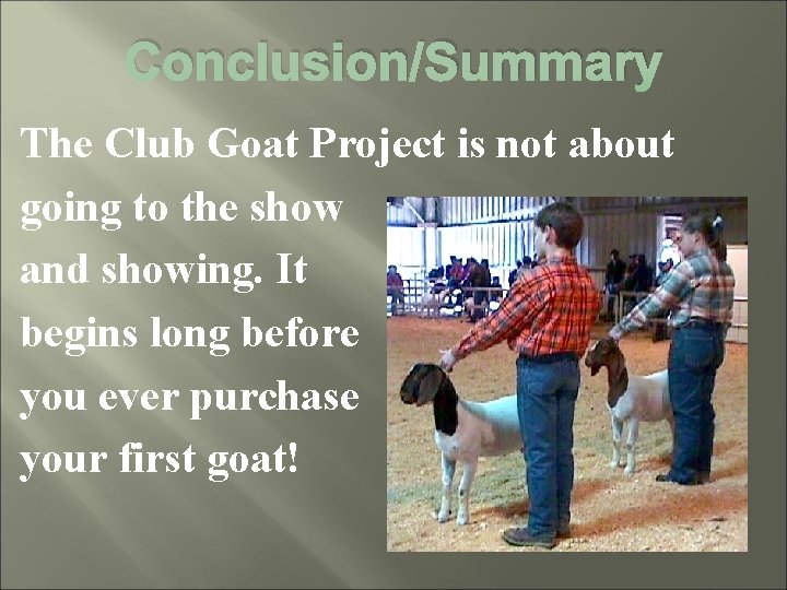 Conclusion/Summary The Club Goat Project is not about going to the show and showing.