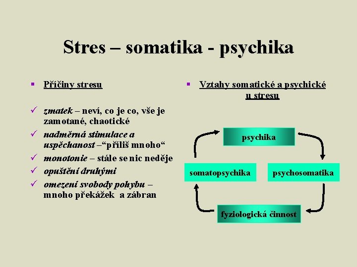 Stres – somatika - psychika § Příčiny stresu ü zmatek – neví, co je