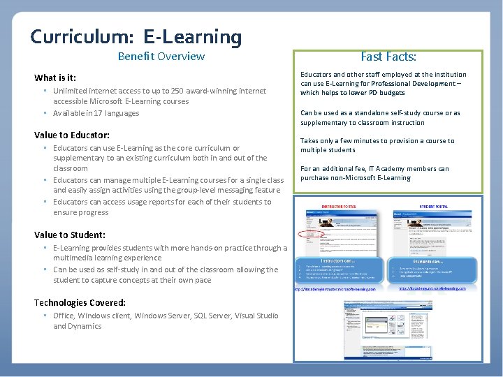Curriculum: E-Learning Benefit Overview What is it: • Unlimited internet access to up to