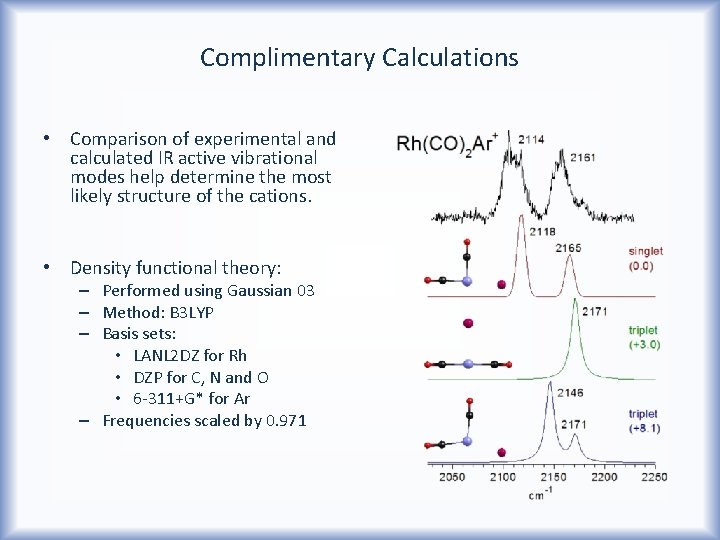 Complimentary Calculations • Comparison of experimental and calculated IR active vibrational modes help determine