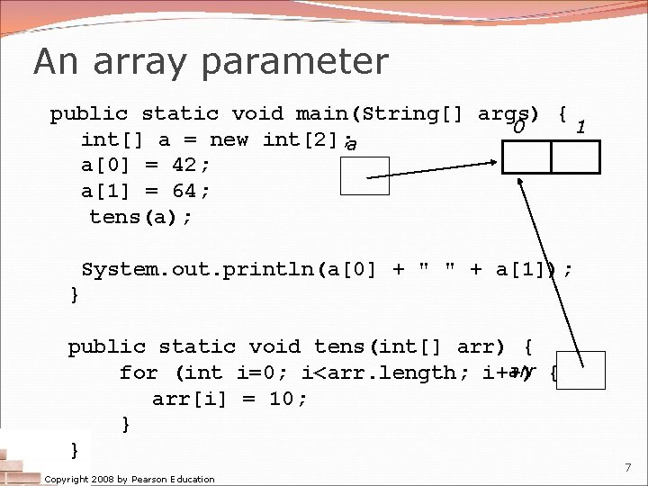 An array parameter public static void main(String[] args) { 0 1 int[] a =