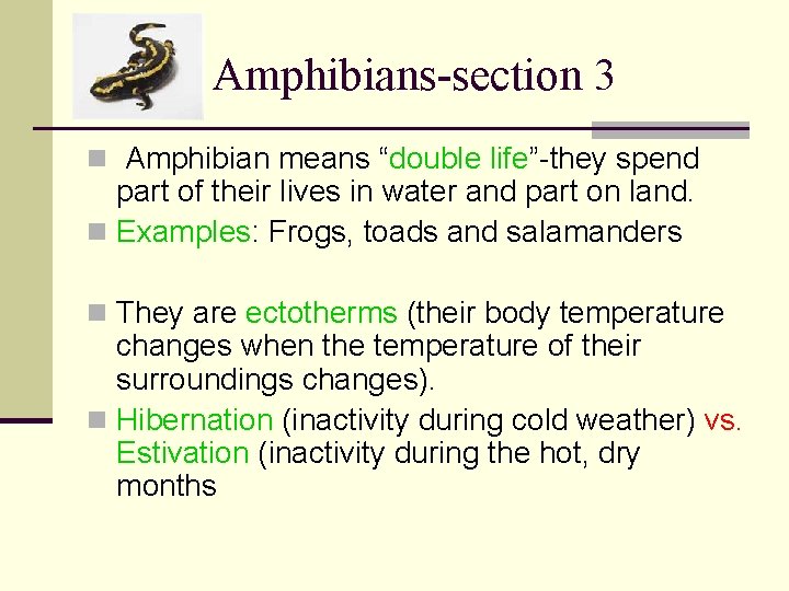 Amphibians-section 3 n Amphibian means “double life”-they spend part of their lives in water