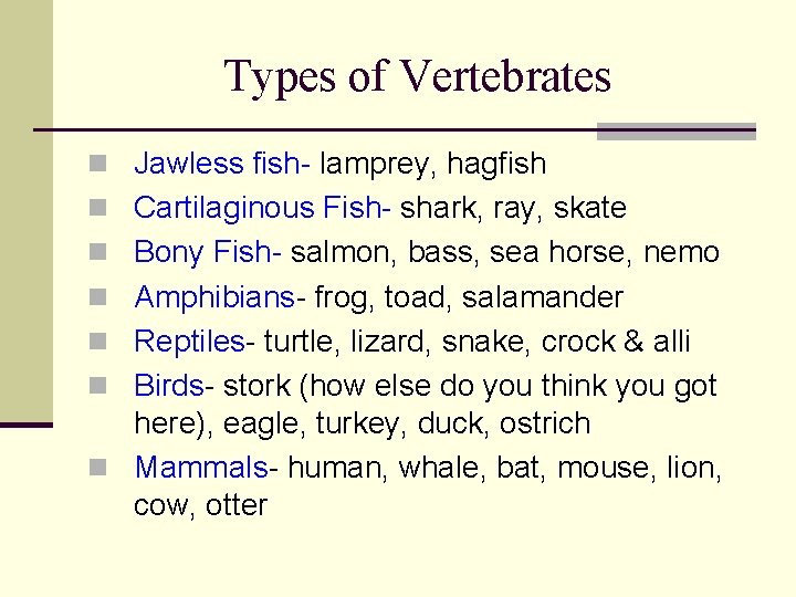 Types of Vertebrates n Jawless fish- lamprey, hagfish n Cartilaginous Fish- shark, ray, skate