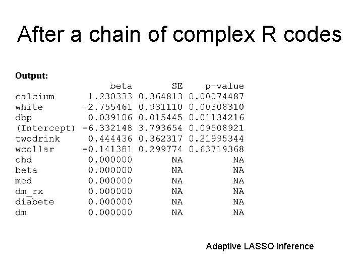 After a chain of complex R codes Adaptive LASSO inference 