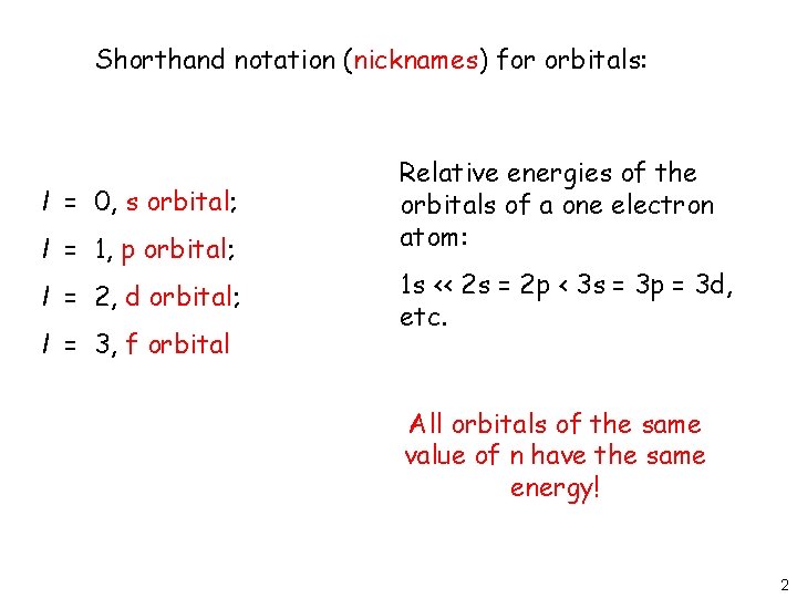 Shorthand notation (nicknames) for orbitals: l = 0, s orbital; l = 1, p