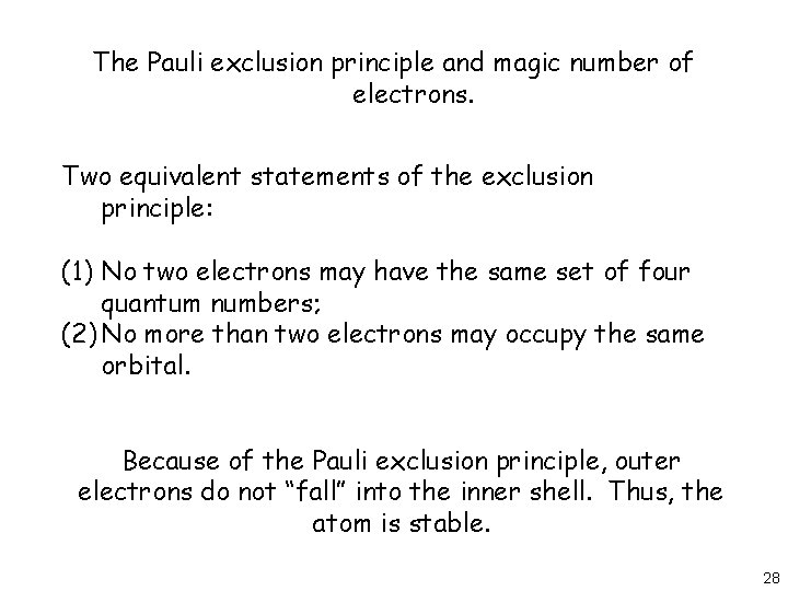 The Pauli exclusion principle and magic number of electrons. Two equivalent statements of the