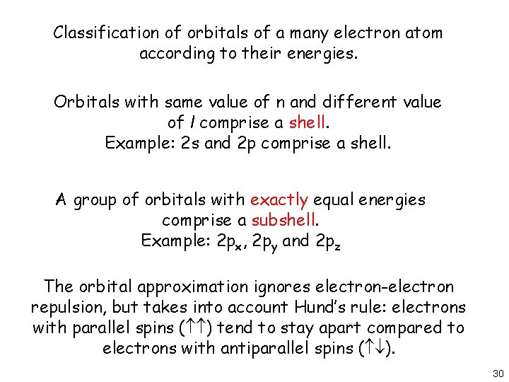 Classification of orbitals of a many electron atom according to their energies. Orbitals with