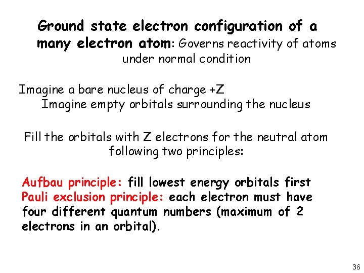 Ground state electron configuration of a many electron atom: Governs reactivity of atoms under