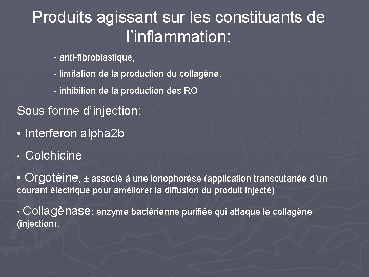 Produits agissant sur les constituants de l’inflammation: - anti-fibroblastique, - limitation de la production